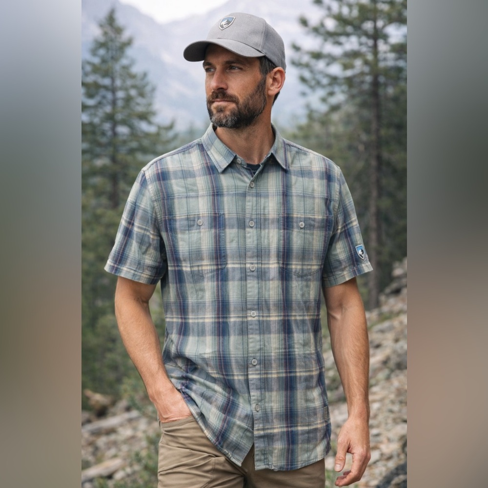 KÜHL Men’s Plaid Short Sleeve Button Up Shirt XL Outdoor Hiking Casual Blue Gray